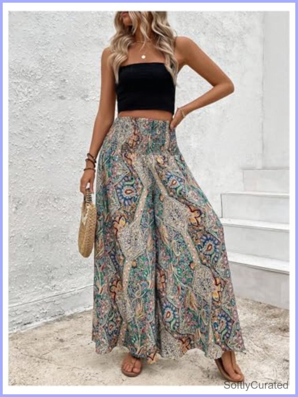 Boho Paisley Print Palazzo Pants High Waisted Wide Leg Smocked Waist Flowy - Picture 3 of 3
